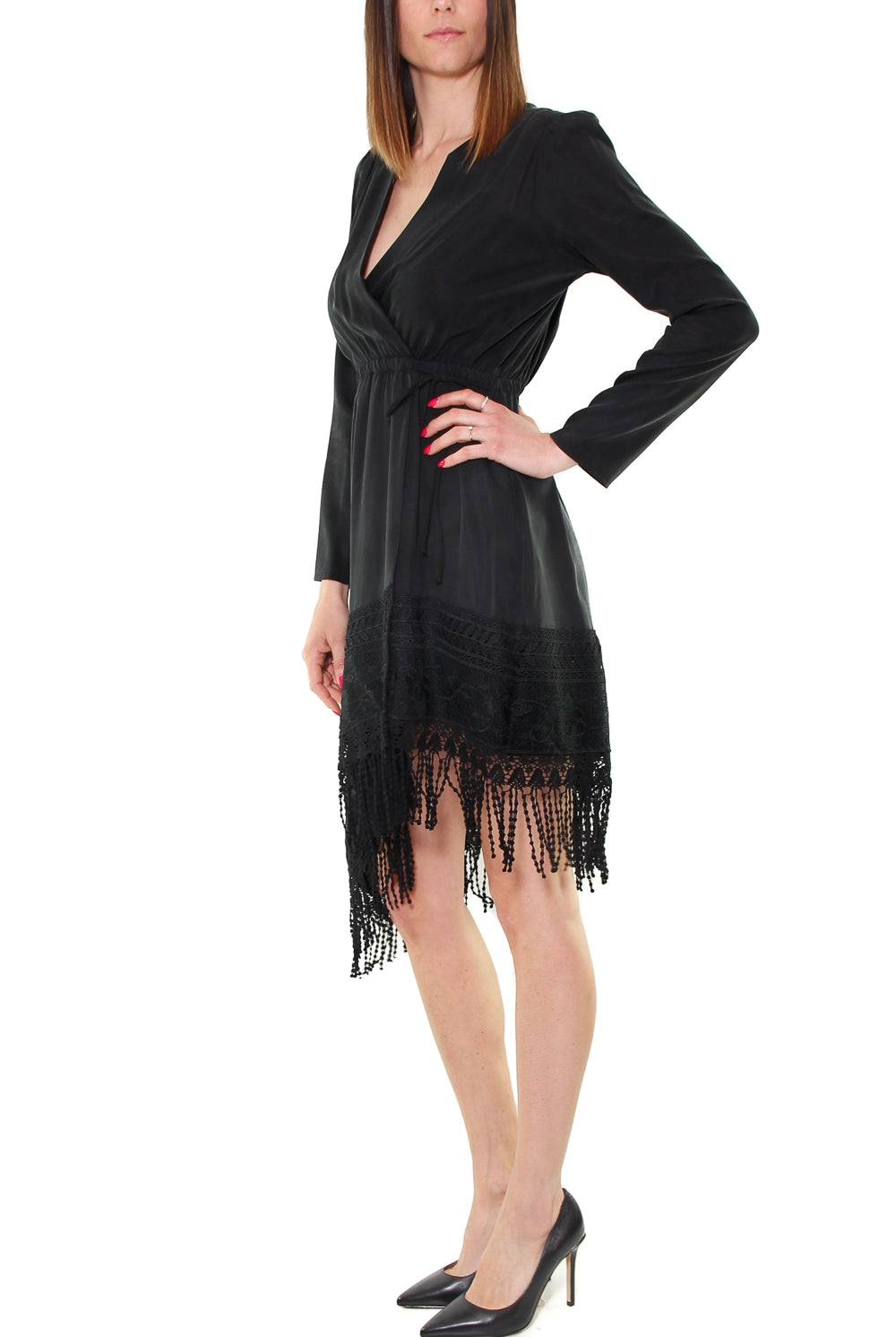 Dixie abito con frange ed inserto pizzo nero