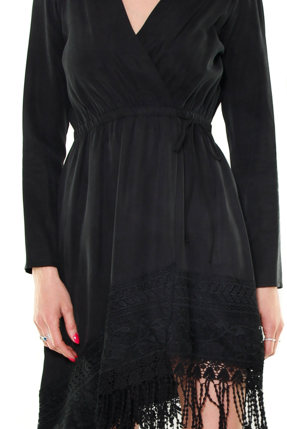 Dixie abito con frange ed inserto pizzo nero