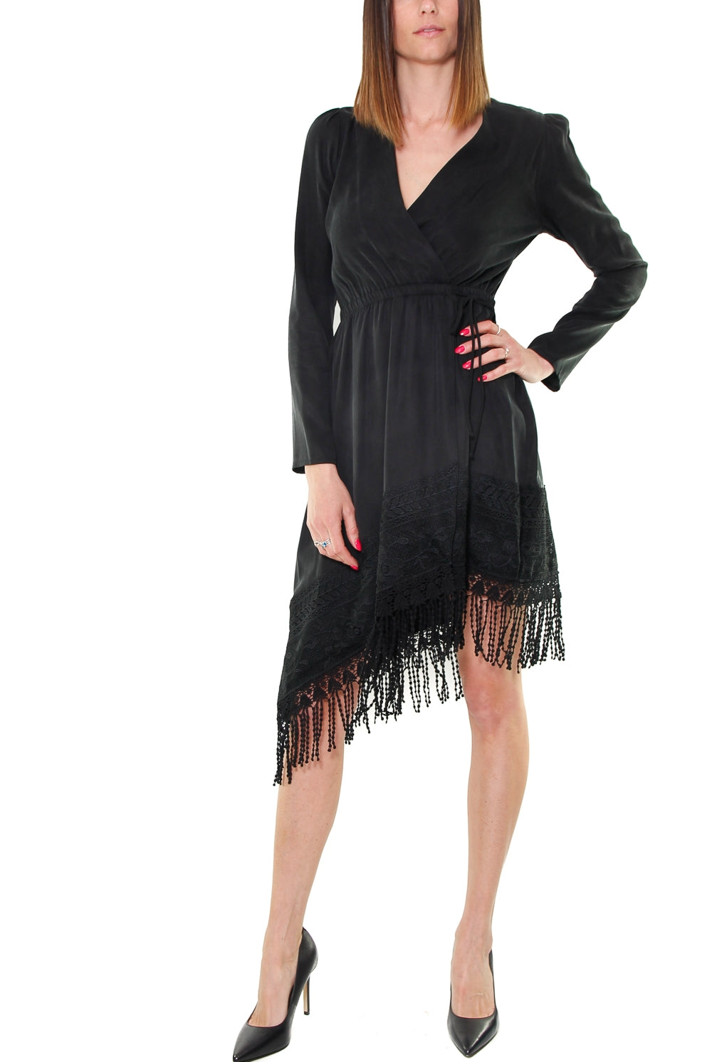 Dixie abito con frange ed inserto pizzo nero