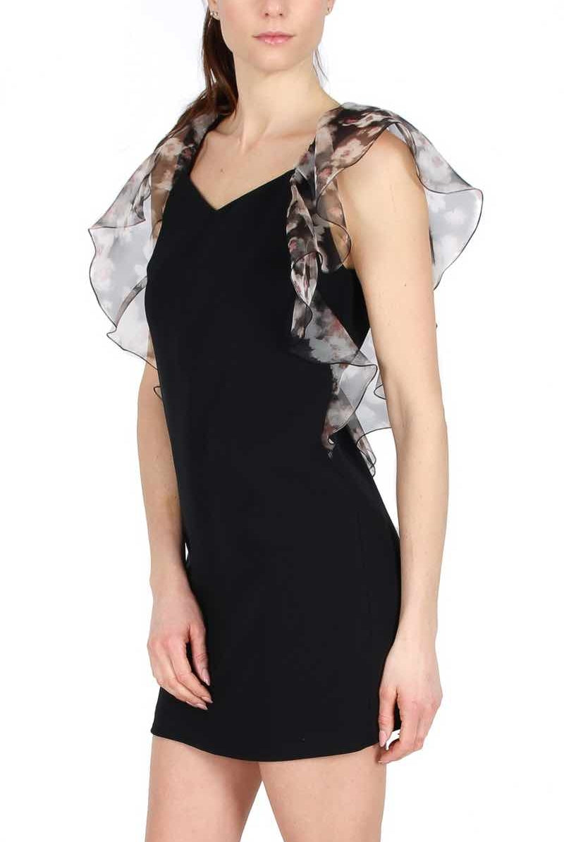 Elisabetta Franchi abito corto a sacchetto con volant di organza nero