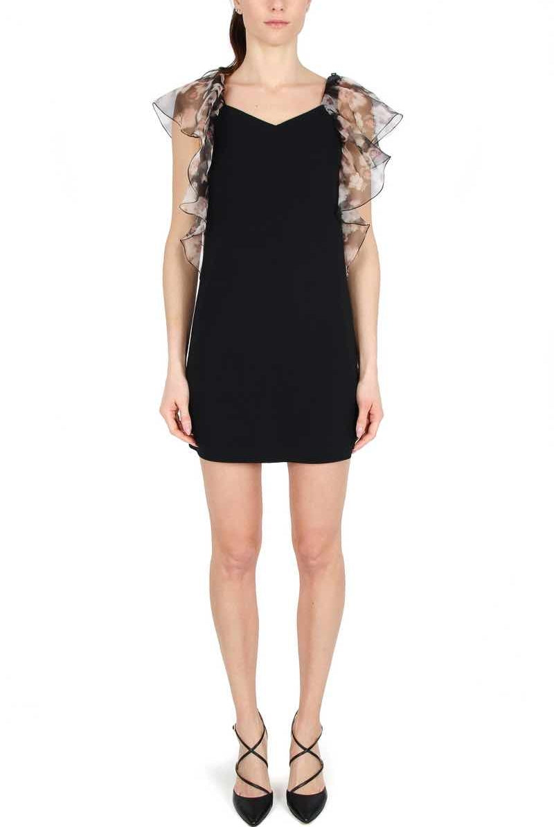 Elisabetta Franchi abito corto a sacchetto con volant di organza nero