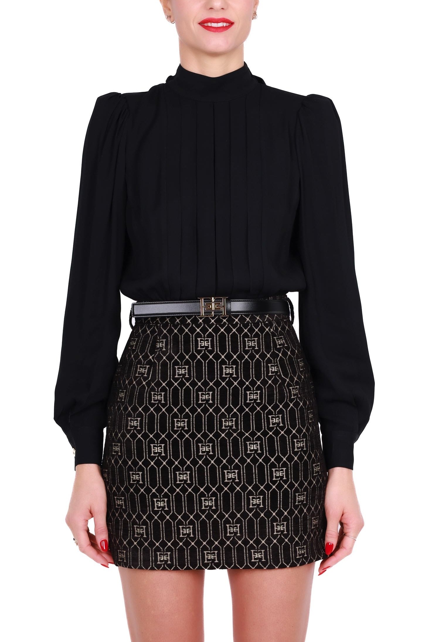 Elisabetta Franchi abito corto con gonna in ciniglia motivo logo nero