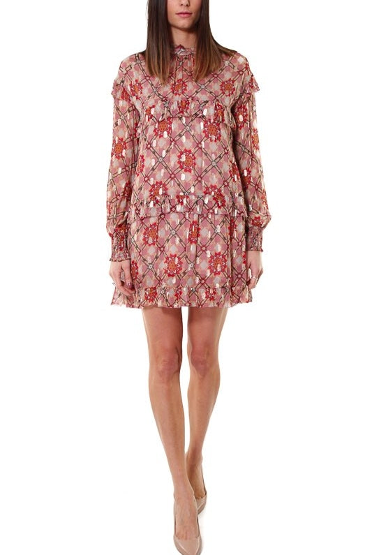 Dixie abito corto in georgette stampata con rouches rosso