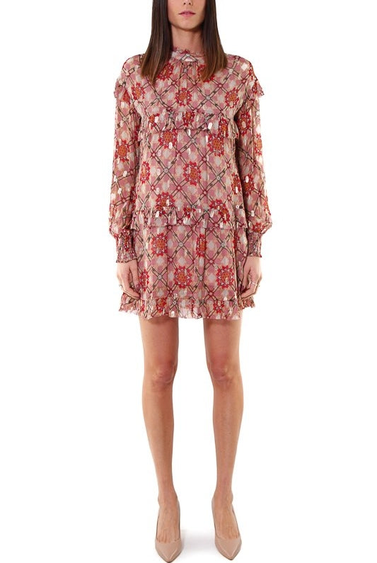Dixie abito corto in georgette stampata con rouches rosso
