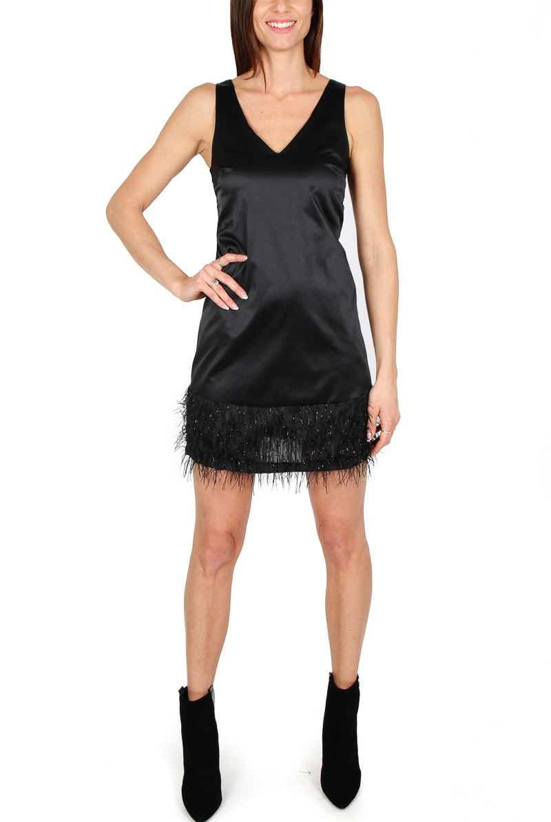 Teddy abito corto smanicato in raso e piume nero