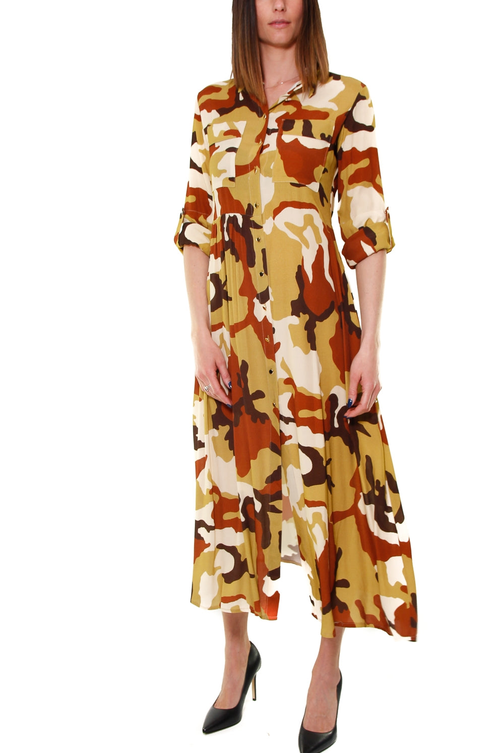 Dixie abito lungo chemisier camouflage giallo