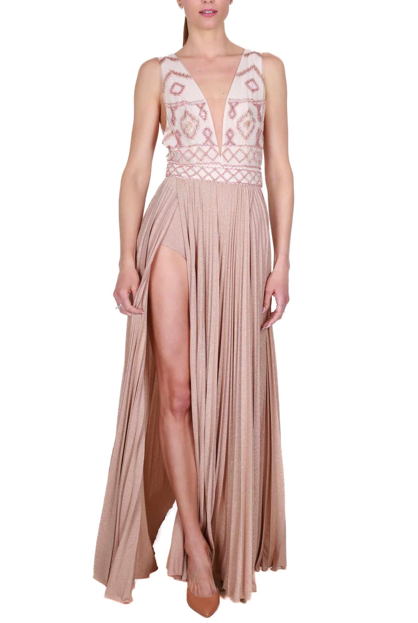 Elisabetta Franchi abito lungo con corpetto ricamato nude