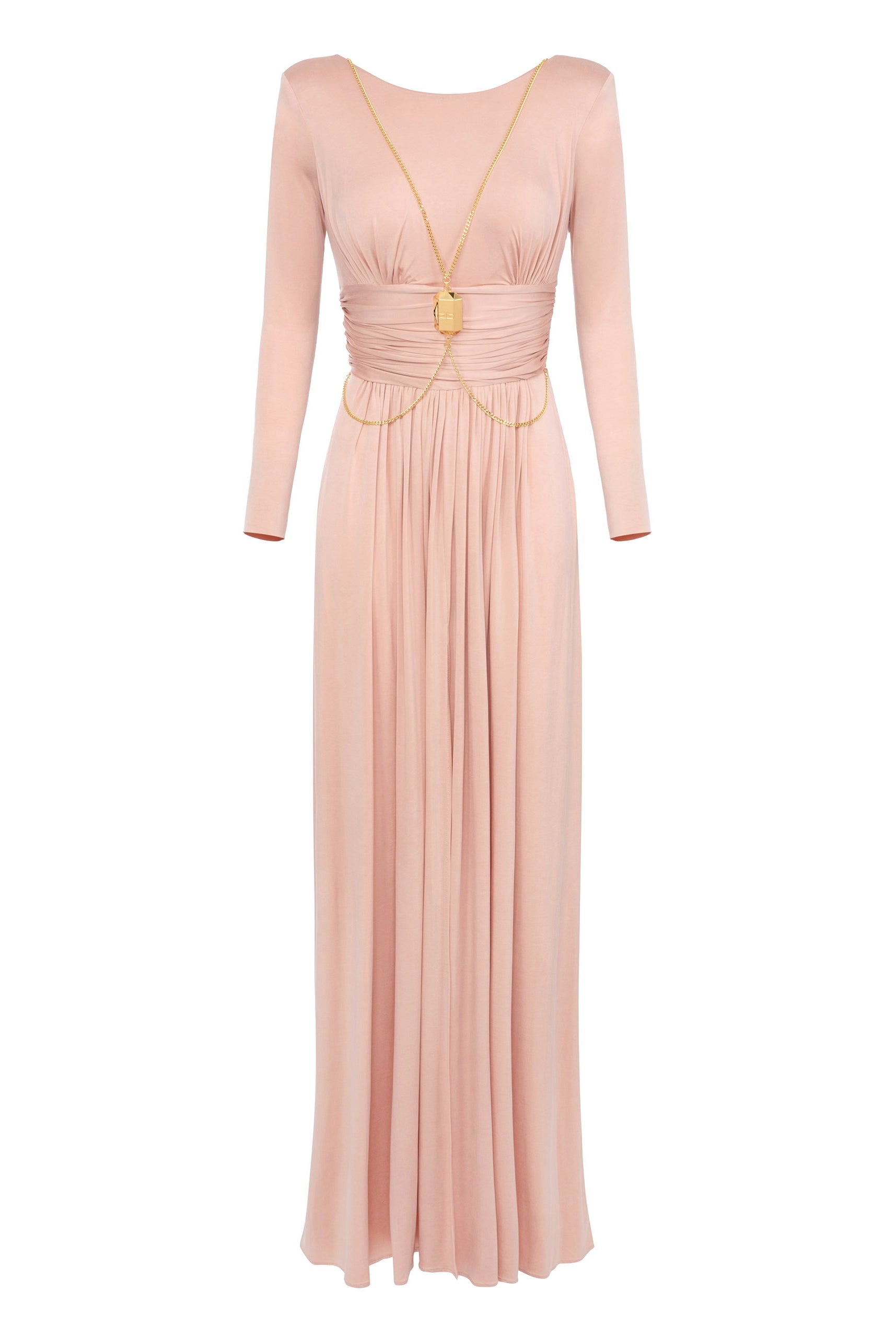 Elisabetta Franchi abito lungo elegante con apertura sulla schiena rosa