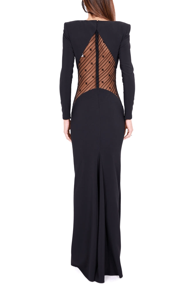 Elisabetta Franchi abito lungo in crÈpe con inserto di tulle nero