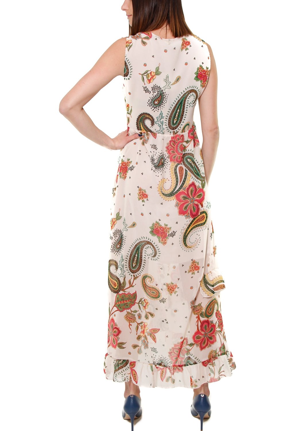 Liu Jo White abito lungo in crepe stampato con volants beige