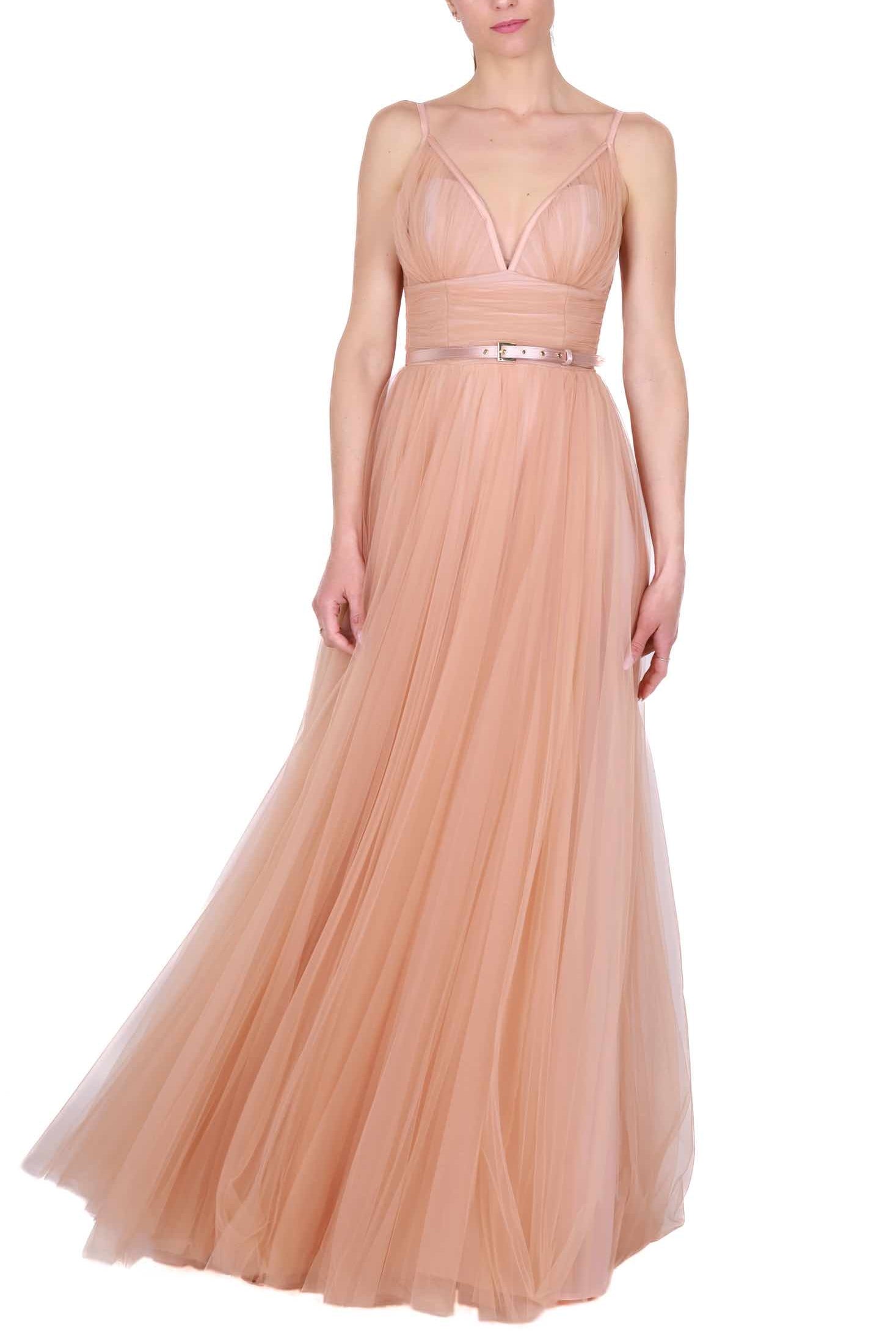 Elisabetta Franchi abito lungo in tulle con gonna a ruota nude