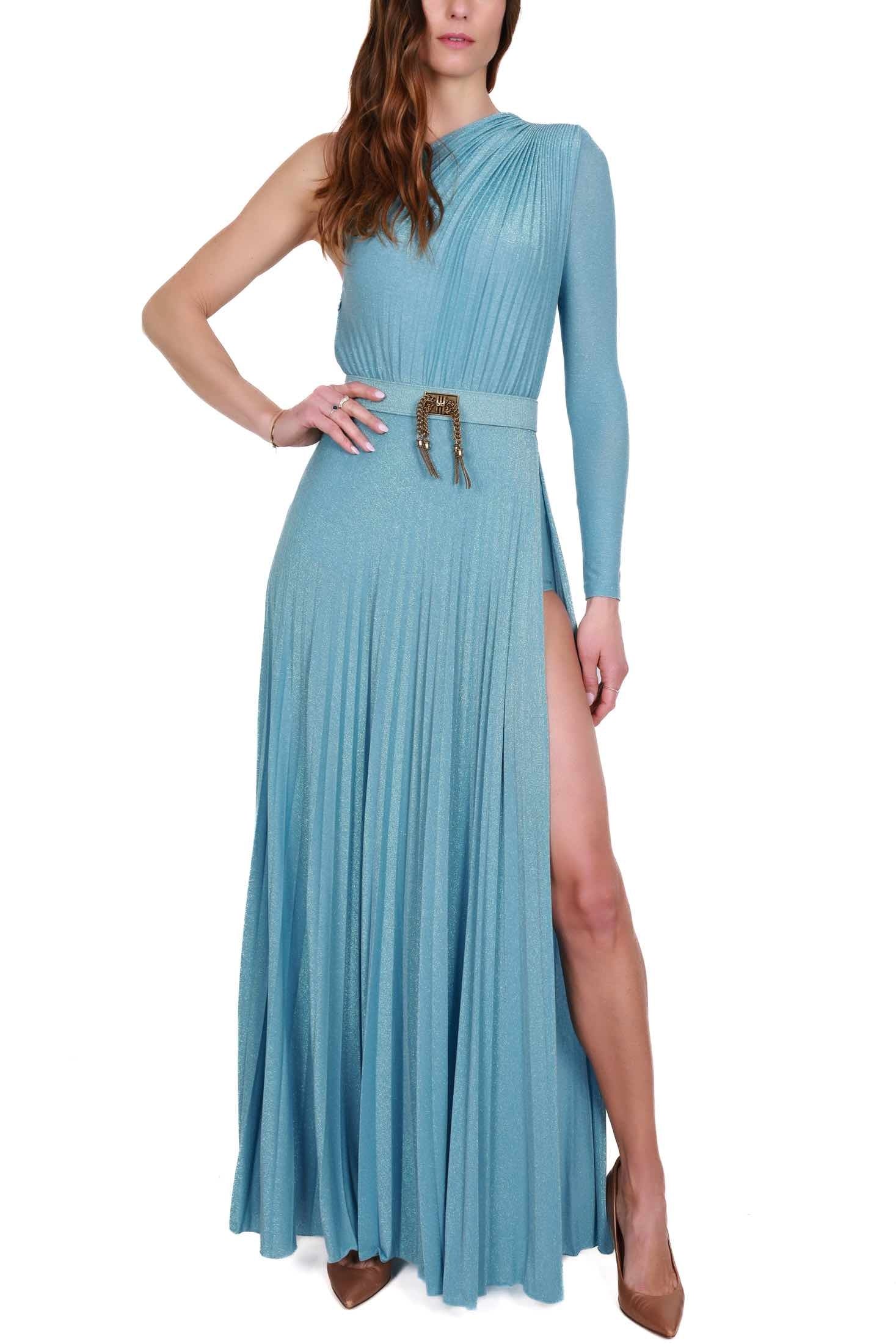 Elisabetta Franchi abito lungo monospalla in jersey di lurex azzurro