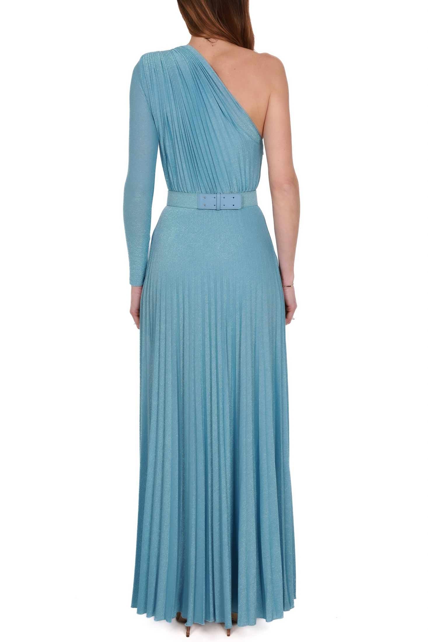 Elisabetta Franchi abito lungo monospalla in jersey di lurex azzurro