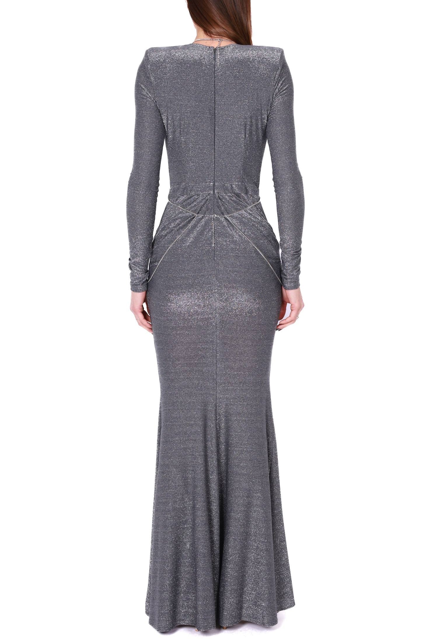 Elisabetta Franchi abito lungo red carpet in jersey di lurex argento