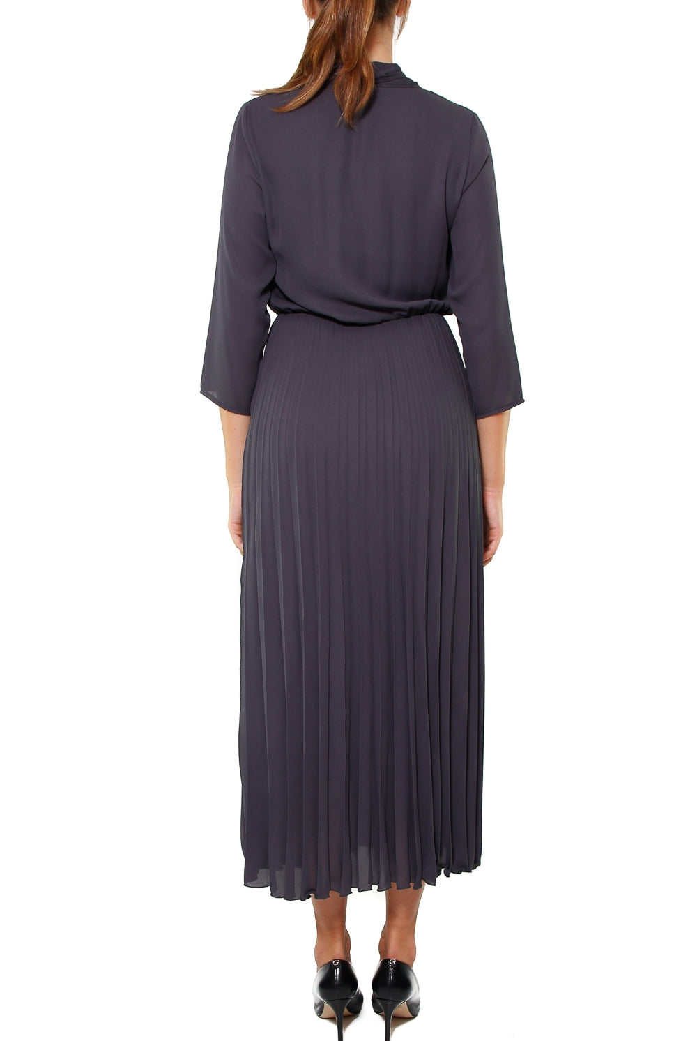 Kocca abito midi plisset scollo a v con fiocco grigio