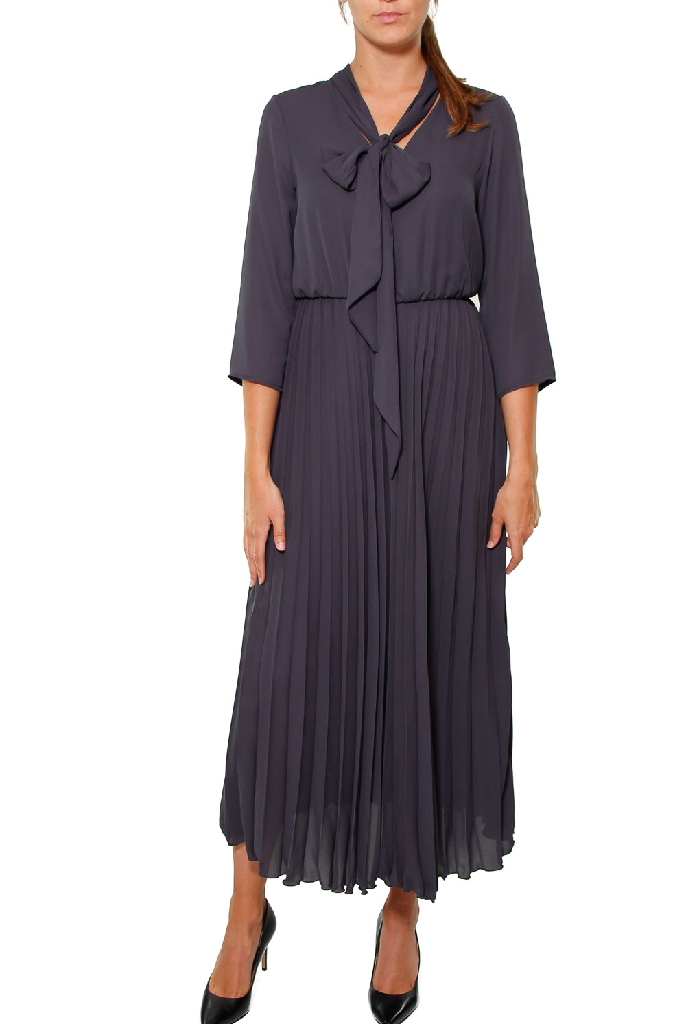 Kocca abito midi plisset scollo a v con fiocco grigio
