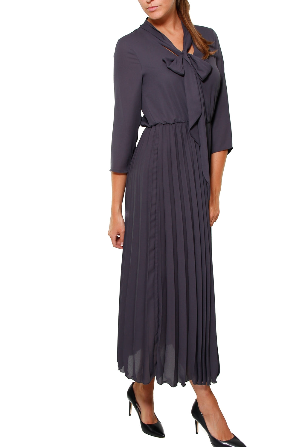 Kocca abito midi plisset scollo a v con fiocco grigio