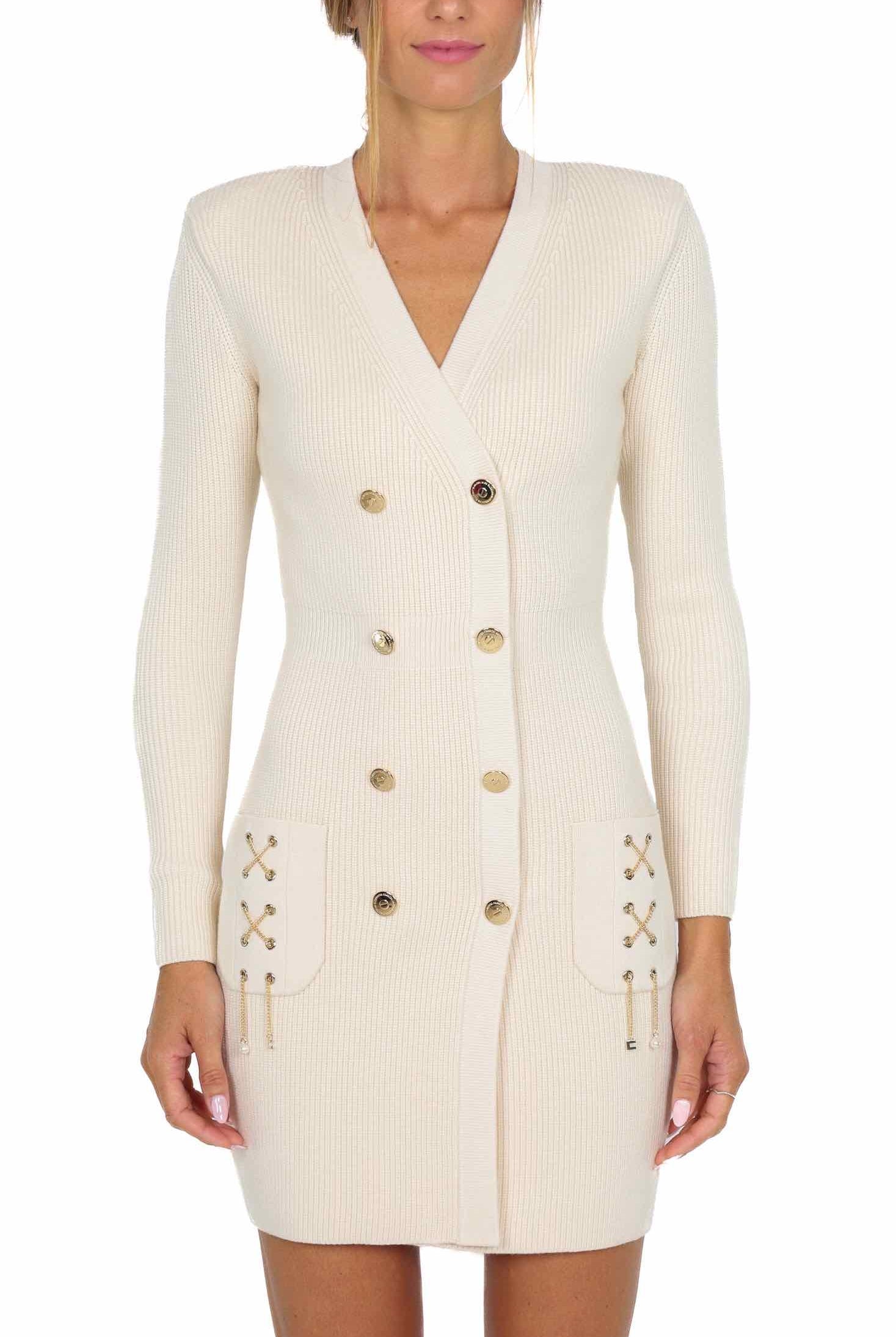 Elisabetta Franchi abito robe manteau doppiopetto in maglia burro