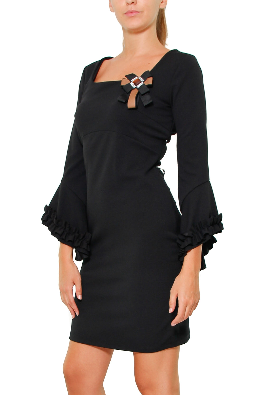 Teddy abito scollo quadrato con maniche scampanate nero