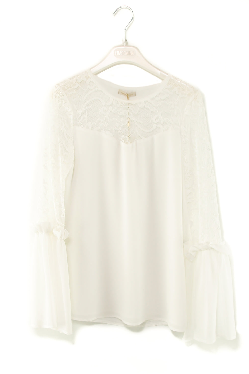 Fracomina blusa con inserto pizzo bianco