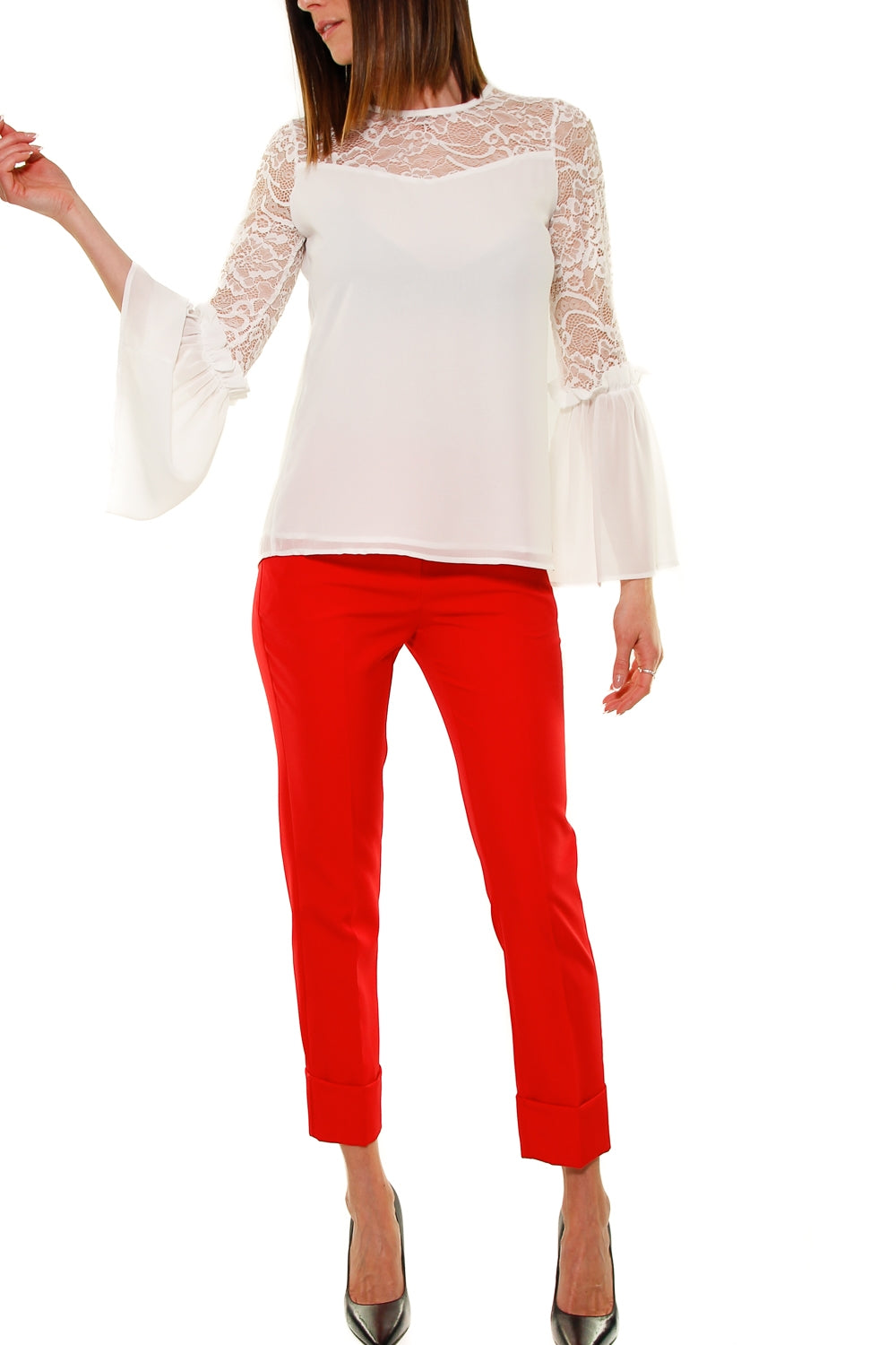 Fracomina blusa con inserto pizzo bianco