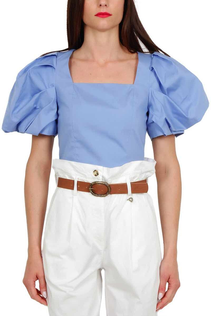 Vicolo blusa cropped con maniche a palloncino azzurro