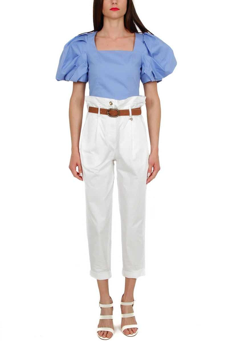 Vicolo blusa cropped con maniche a palloncino azzurro