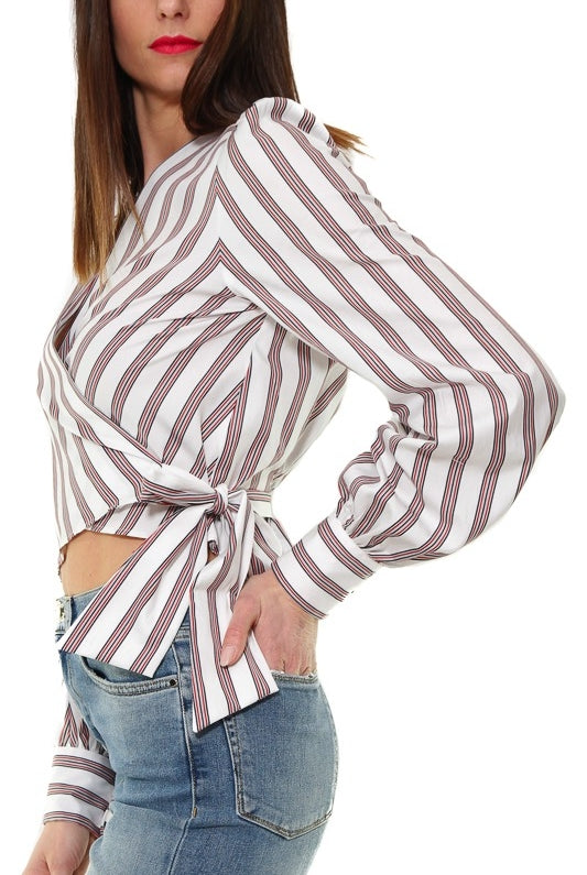 Pinko blusa cropped in popeline a righe bianco