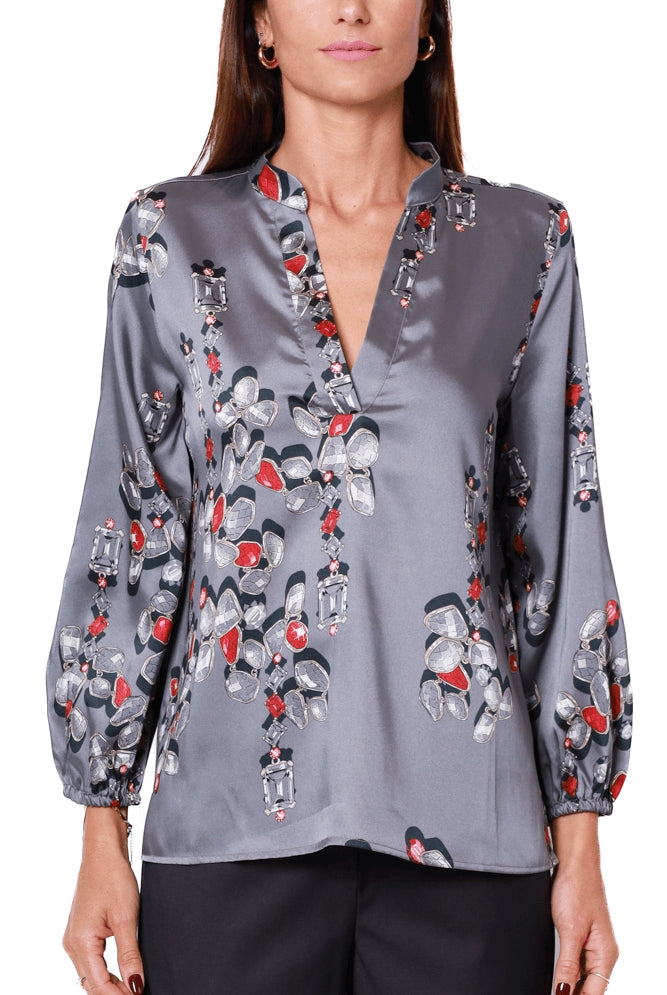 Emme Marella blusa in twill fantasia grigio