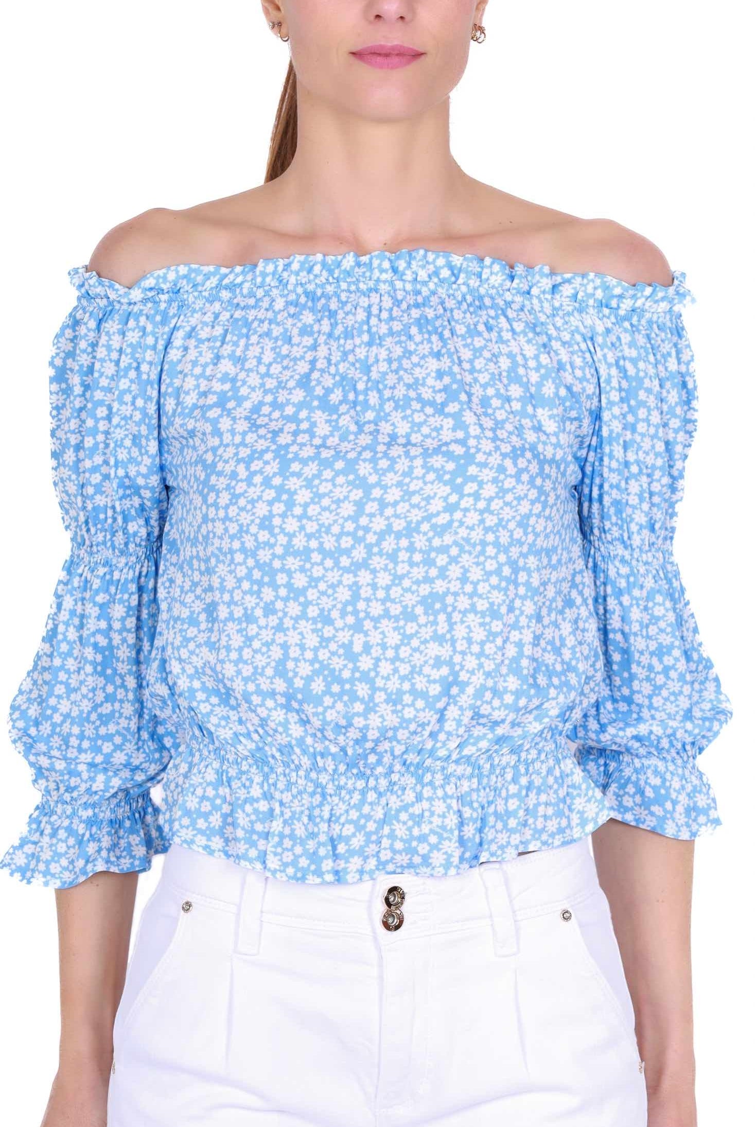 Fracomina blusa maniche corte in viscosa fantasia azzurro