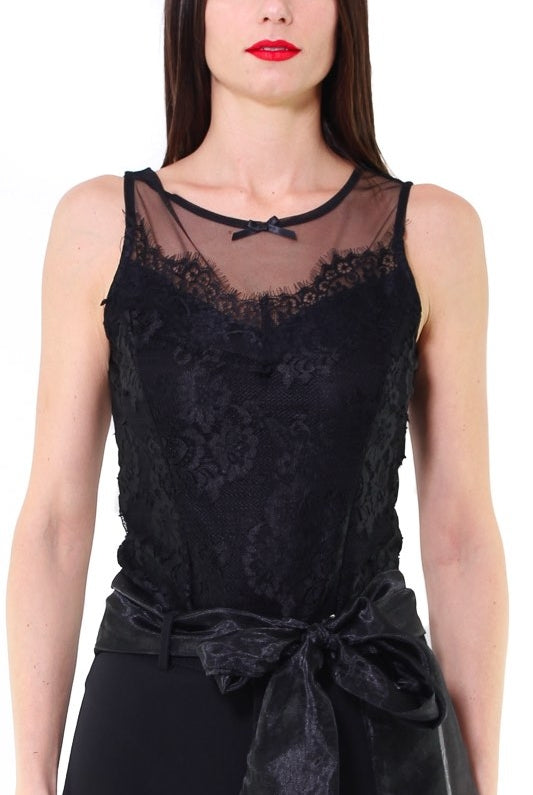 Teddy body in tessuto di pizzo e tulle nero
