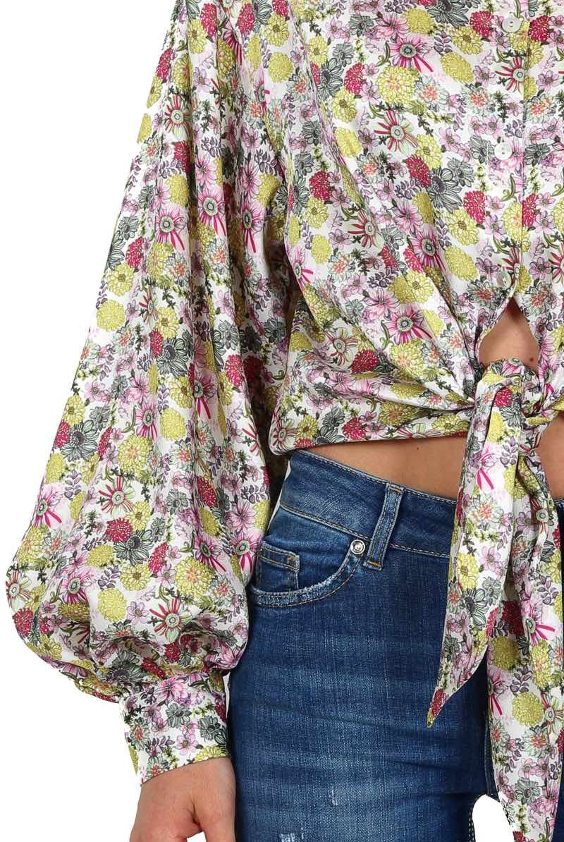 Vicolo camicia annodata in raso a fiori giallo