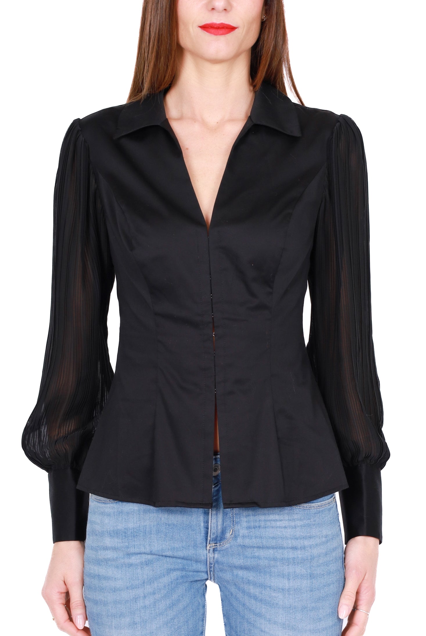 Guess Donna camicia con maniche di tulle plisse nero