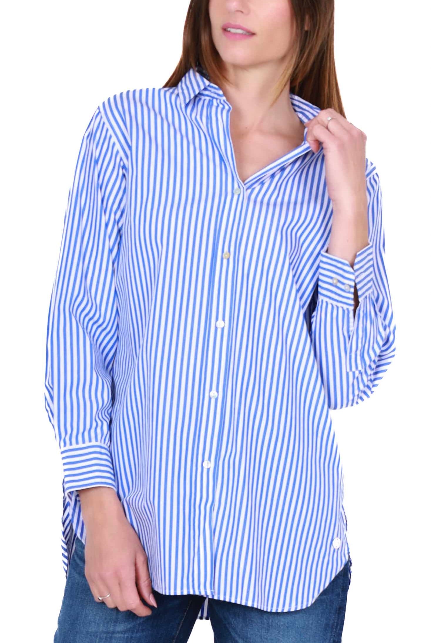 Sun68 Uomo camicia oversize in popeline di cotone a righe blu