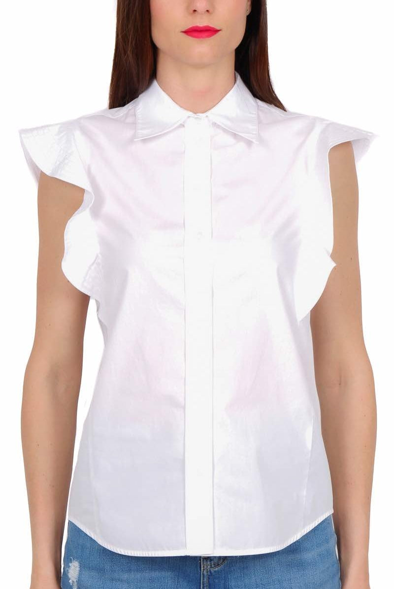 Pinko camicia smanicata con rouches sulle spalle bianco