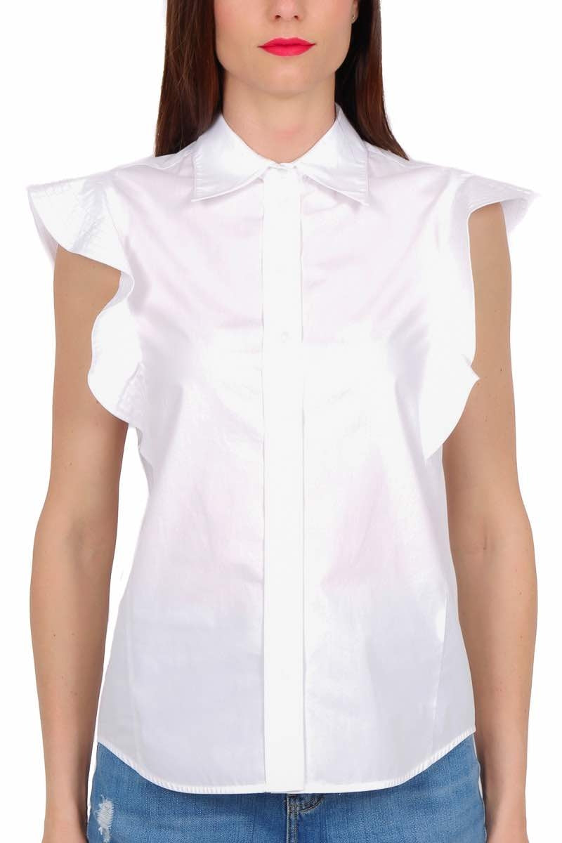 Pinko camicia smanicata con rouches sulle spalle bianco