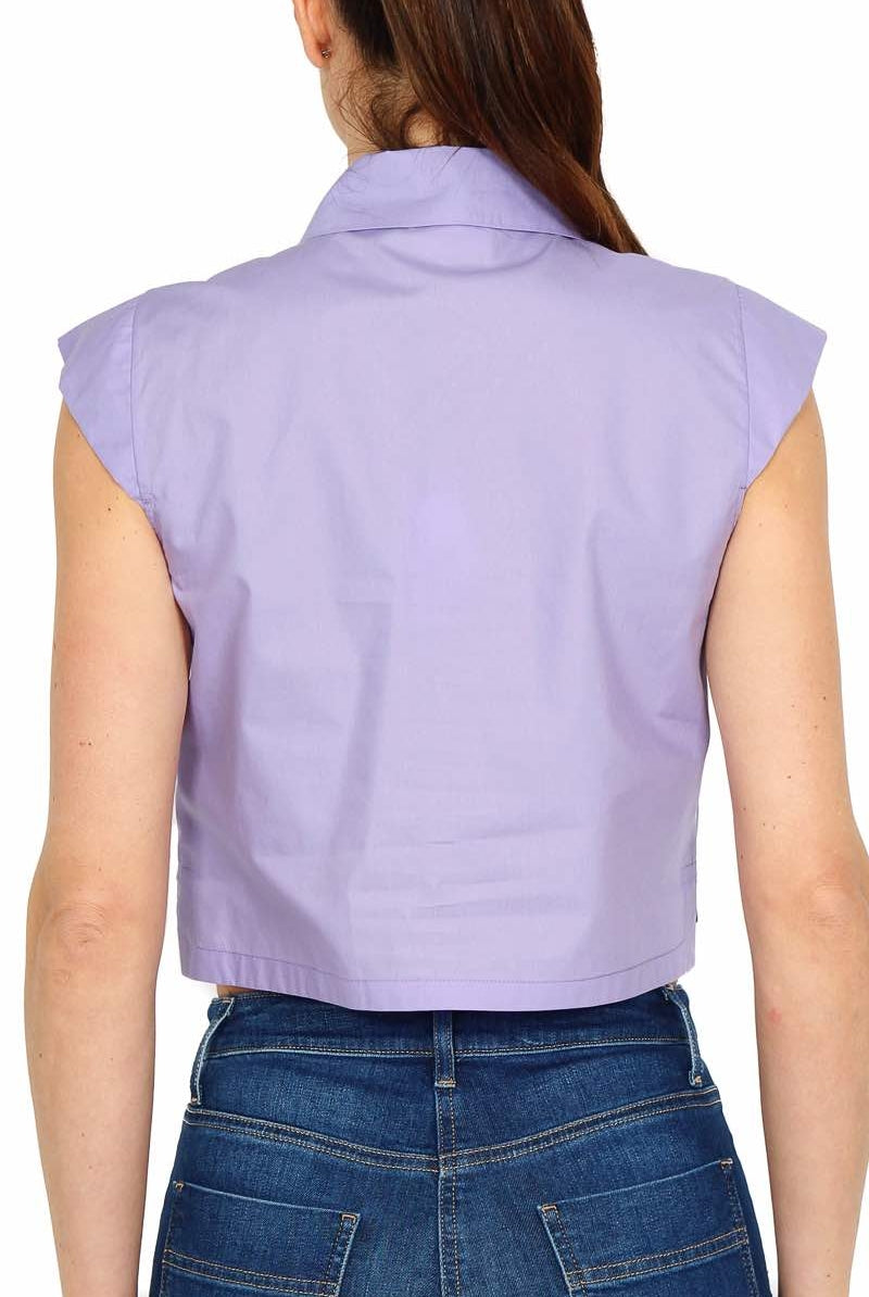 Elisabetta Franchi camicia smanicata corta con ricamo ajour glicine