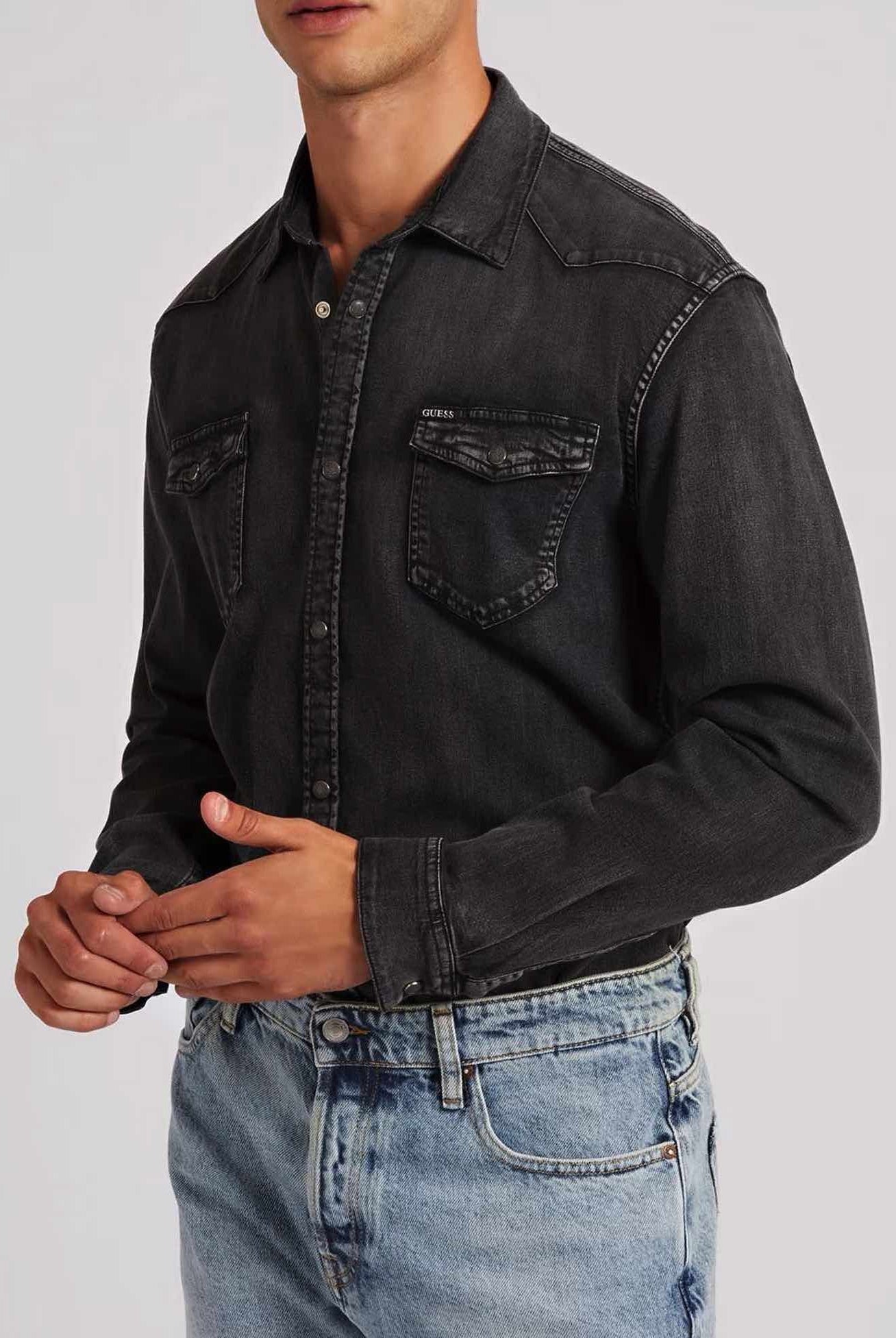 Guess Uomo camicia uomo manica lunga in jeans nero