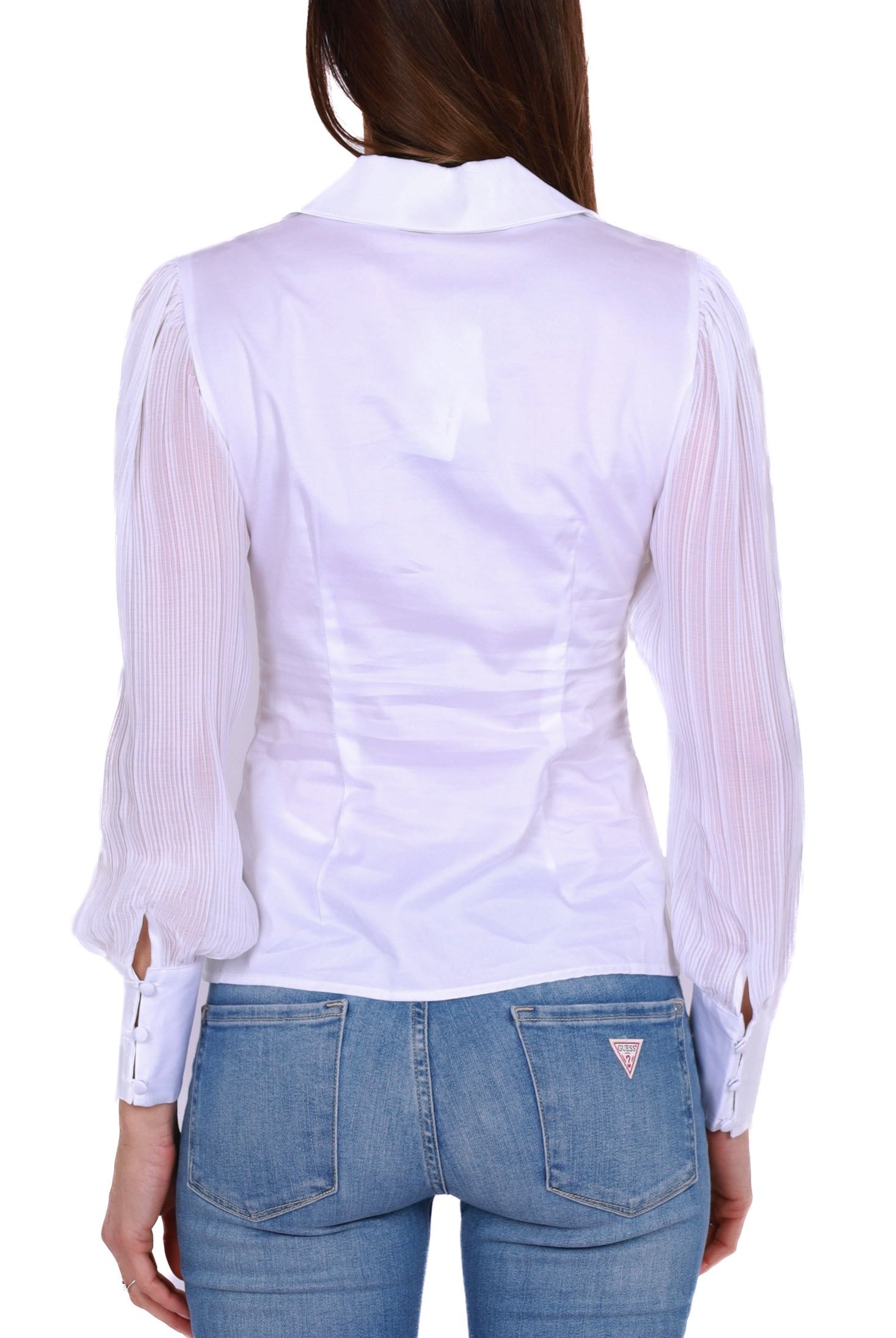 Guess Donna camicie con maniche di tulle plisse bianco