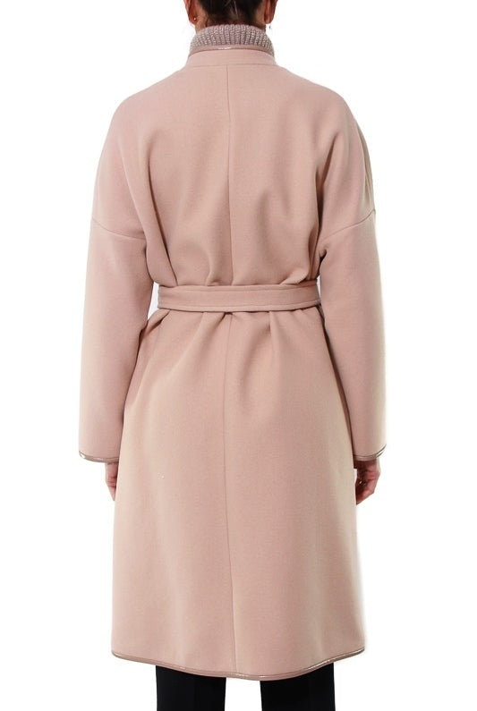 Pinko cappotto in panno con profili di ecopelle rosa