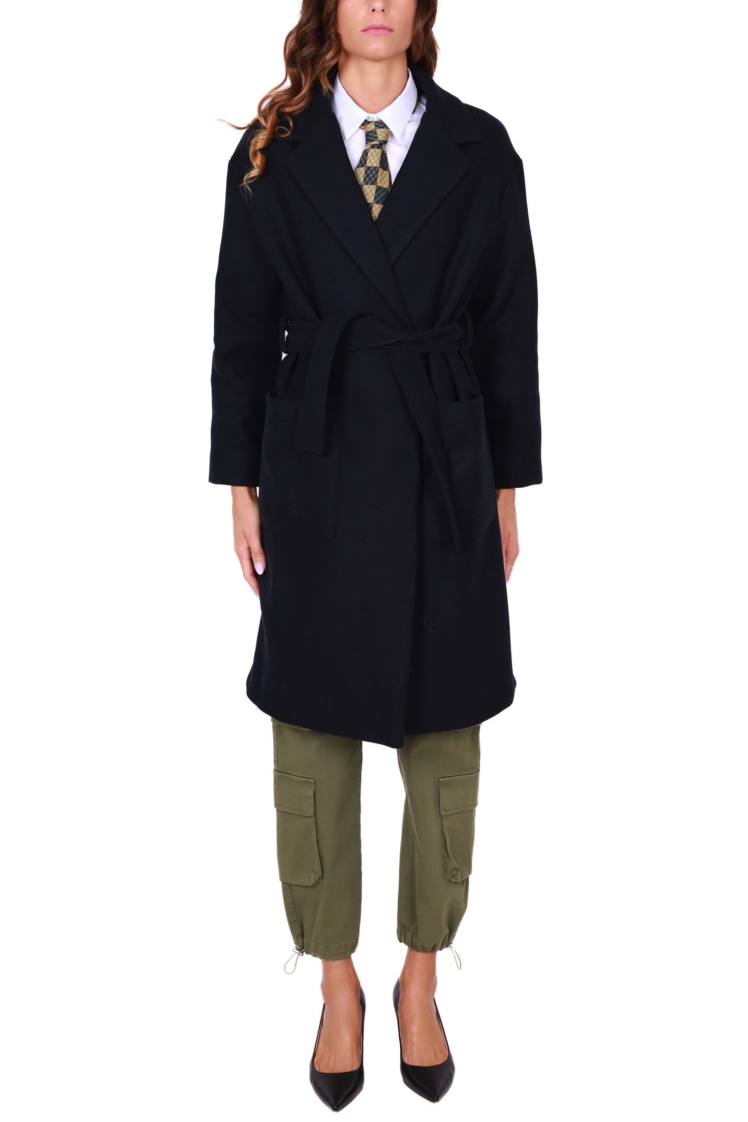 Dixie cappotto lungo doppiopetto con cintura blu