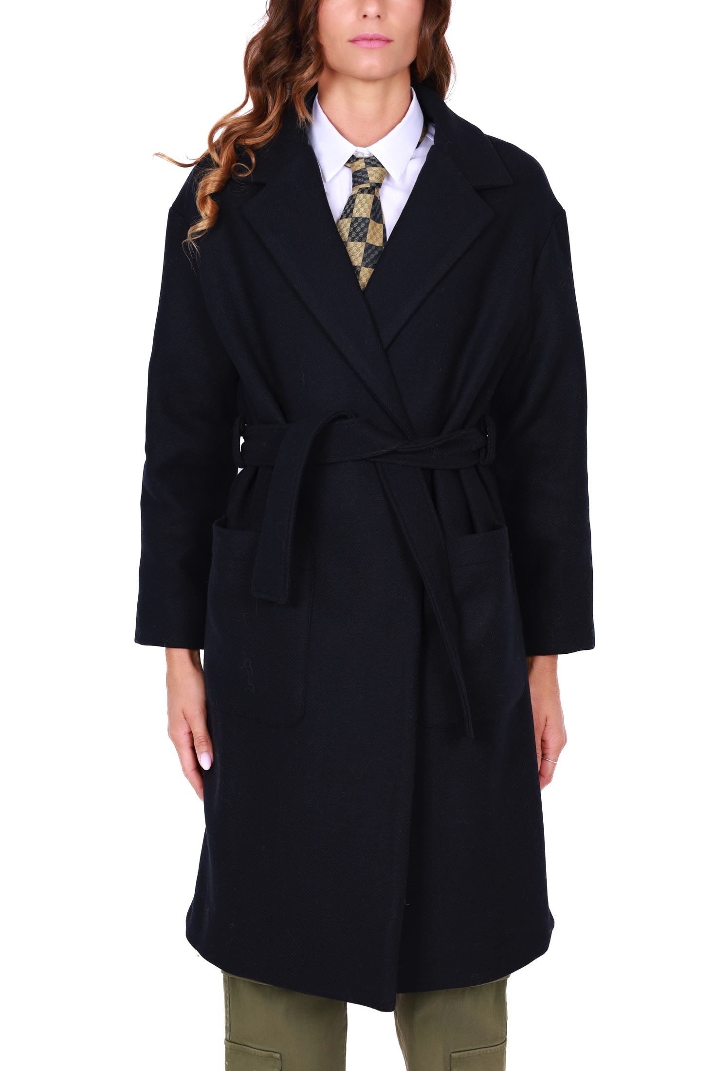 Dixie cappotto lungo doppiopetto con cintura blu