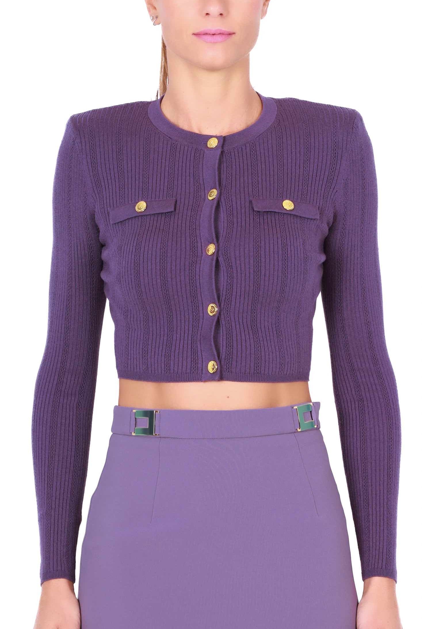 Elisabetta Franchi cardigan corto in maglia a costine prugna