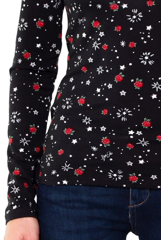 Liu Jo White dolcevita in jersey stampa rose nero