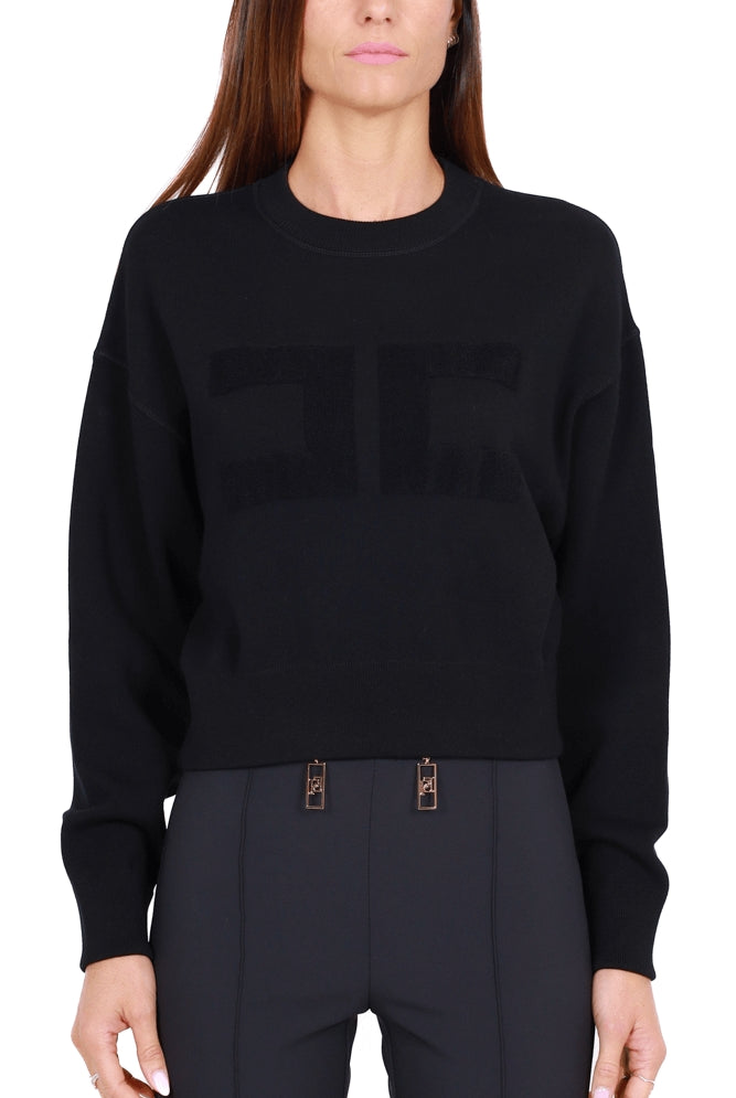 Elisabetta Franchi felpa cropped con maxi logo ton sur ton nero