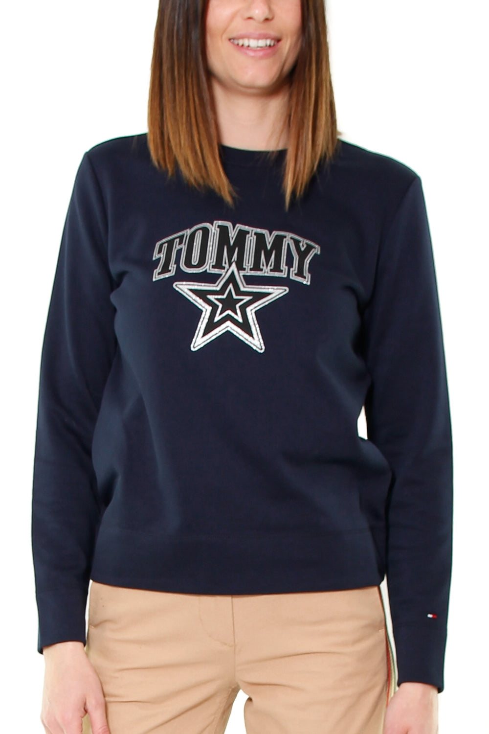 Tommy Hilfiger Donna felpa girocollo con logo glitter blu