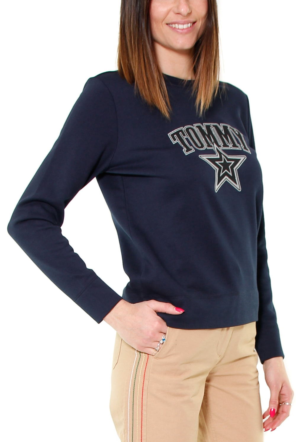 Tommy Hilfiger Donna felpa girocollo con logo glitter blu