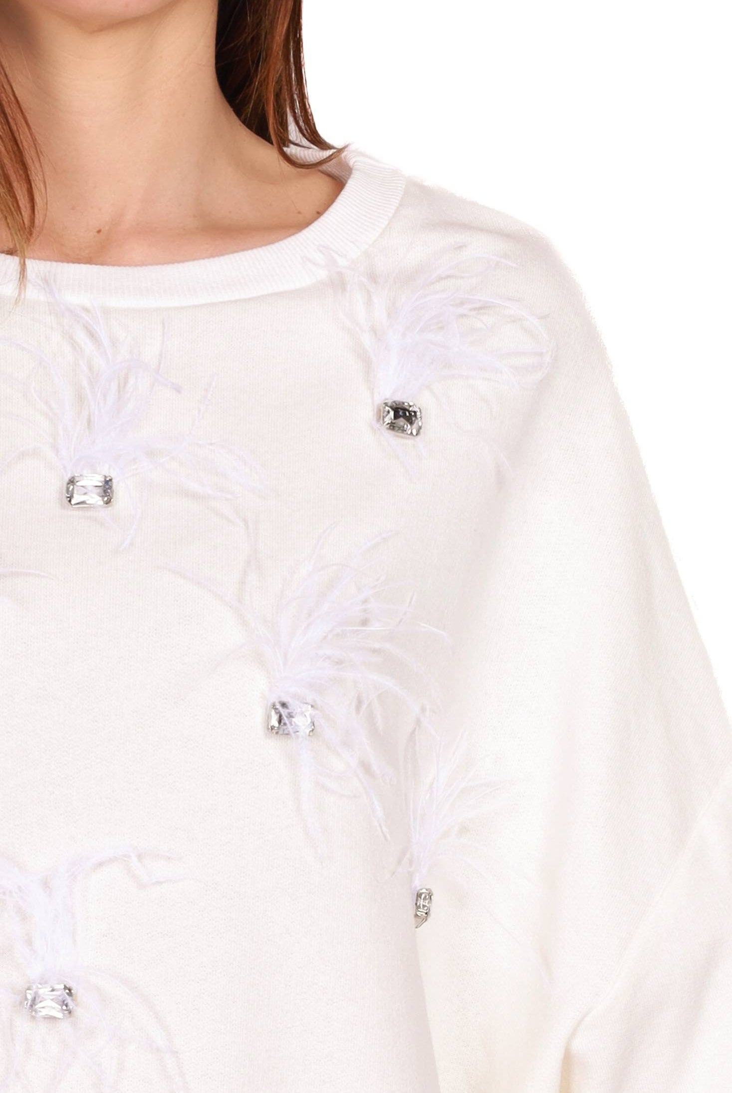 Dixie felpa oversize con strass e piume bianco