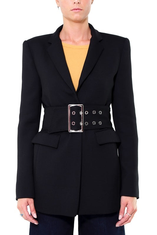 Pinko giacca blazer lunga con cintura in twill nero