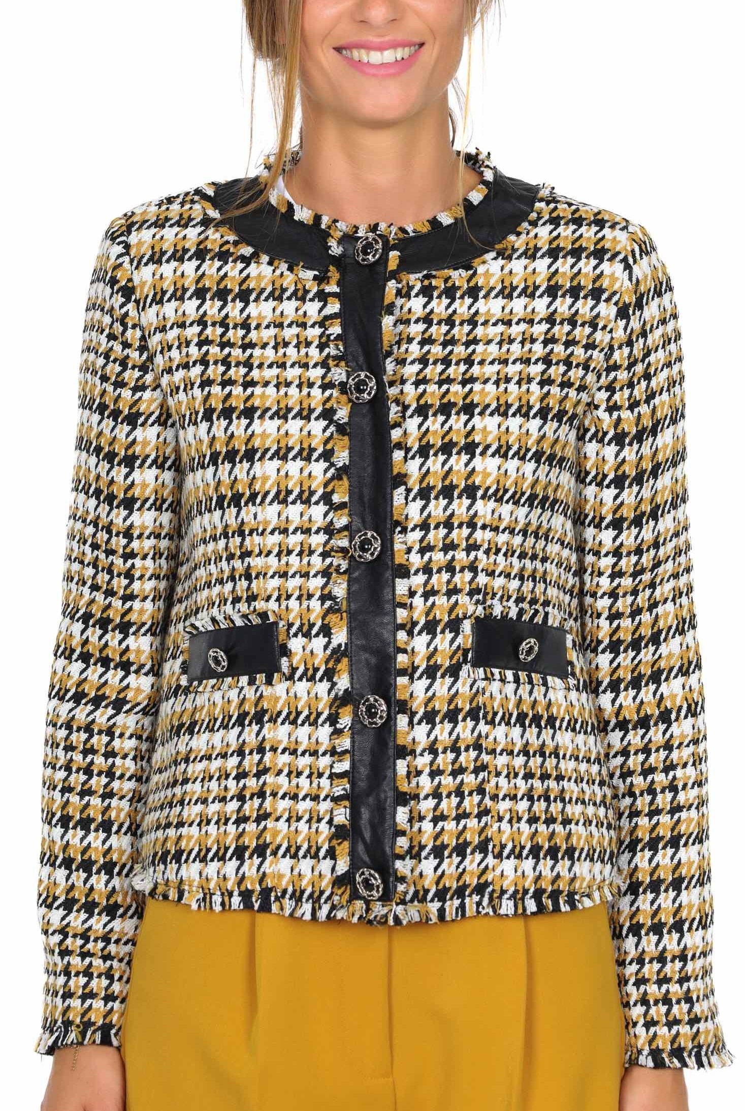 Liu Jo White giacca corta girocollo pied de poule giallo